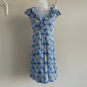 Lilly Pulitzer Blue Yellow Clare Short Sleeve Butterfly V-Neck Dress Size XS